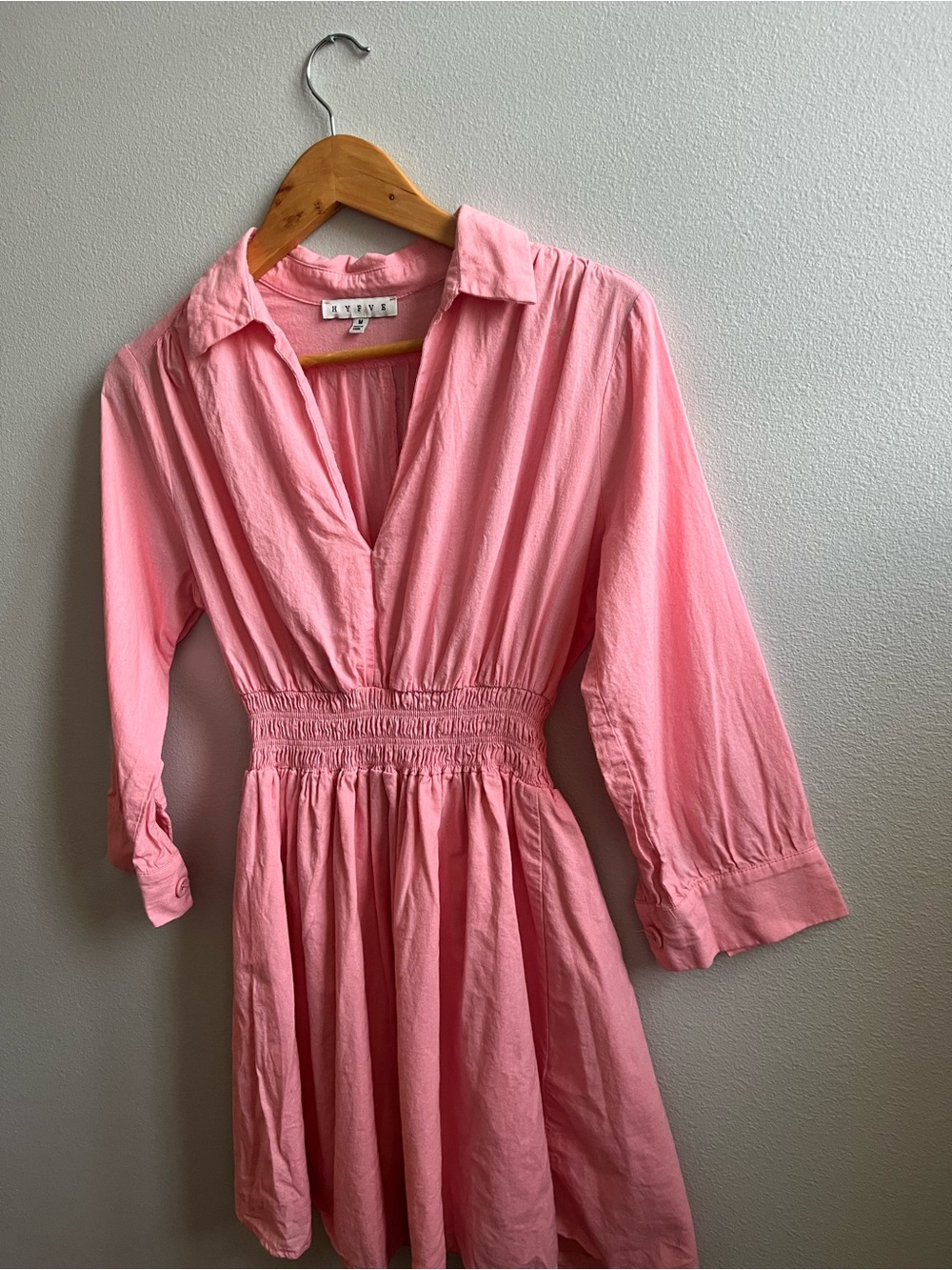 HYFVE Pink Smocked-Waist Collared Long Sleeve Dress